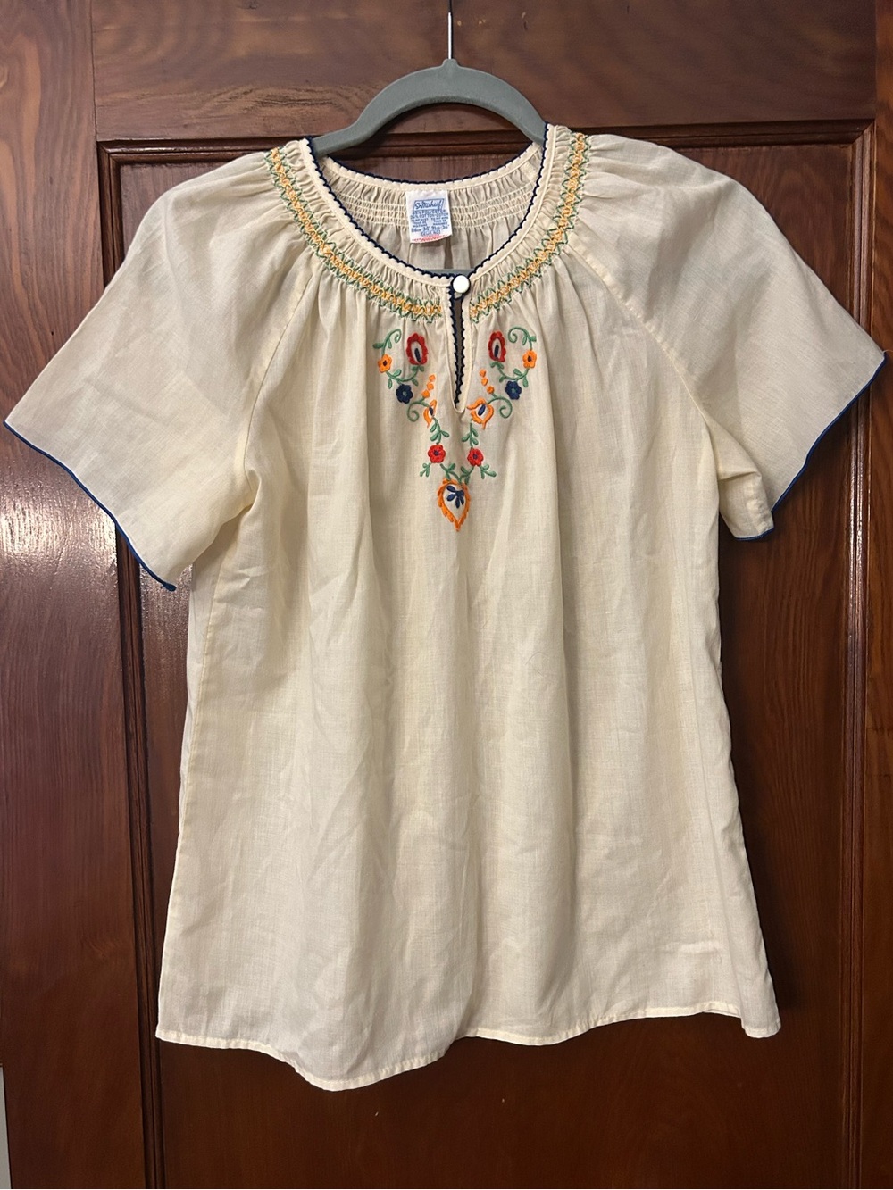 Vintage St Michael Embroidered Smocked Floral Peasant Blouse Ivory 40 Small